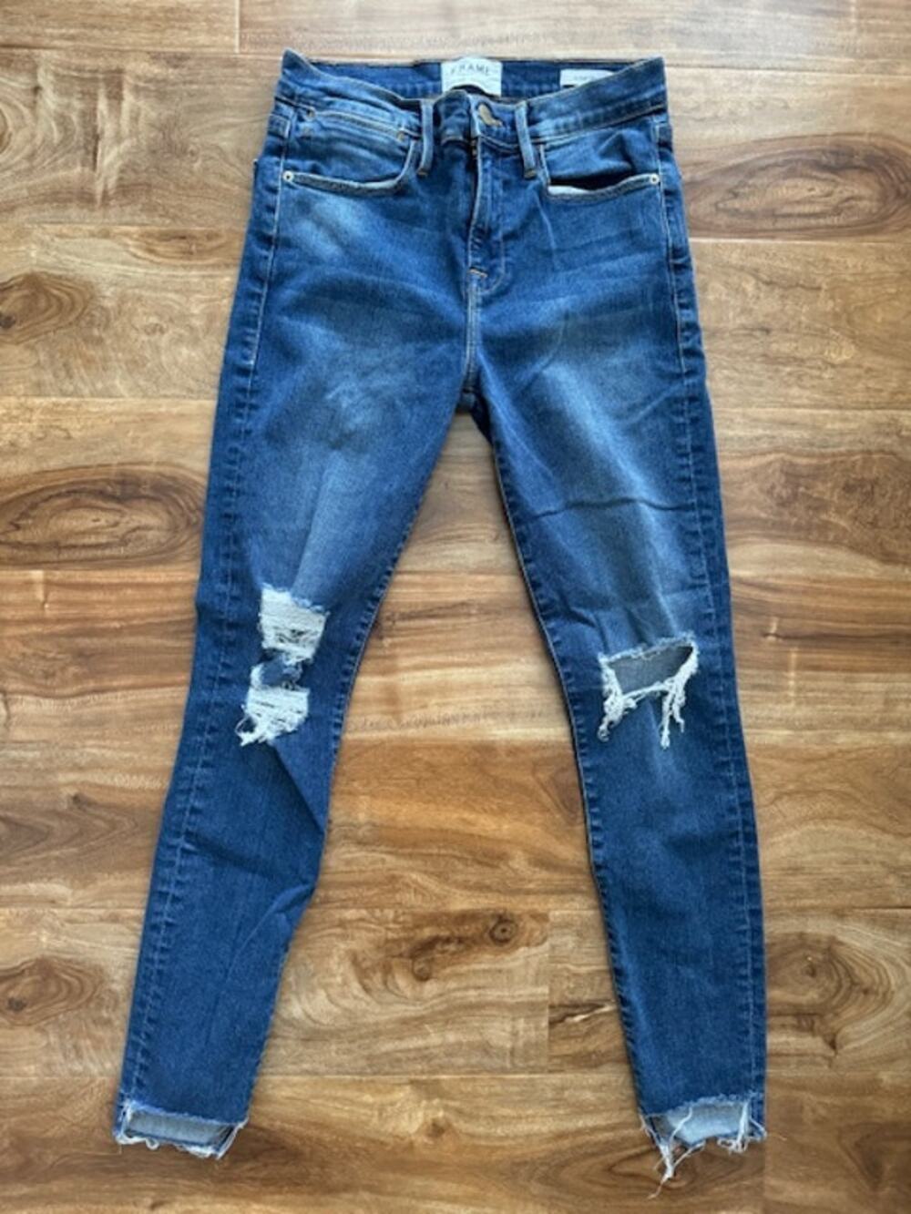 Frame Le High Skinny Distress Raw Step Hem Jeans in Woodbine Way- Size 26